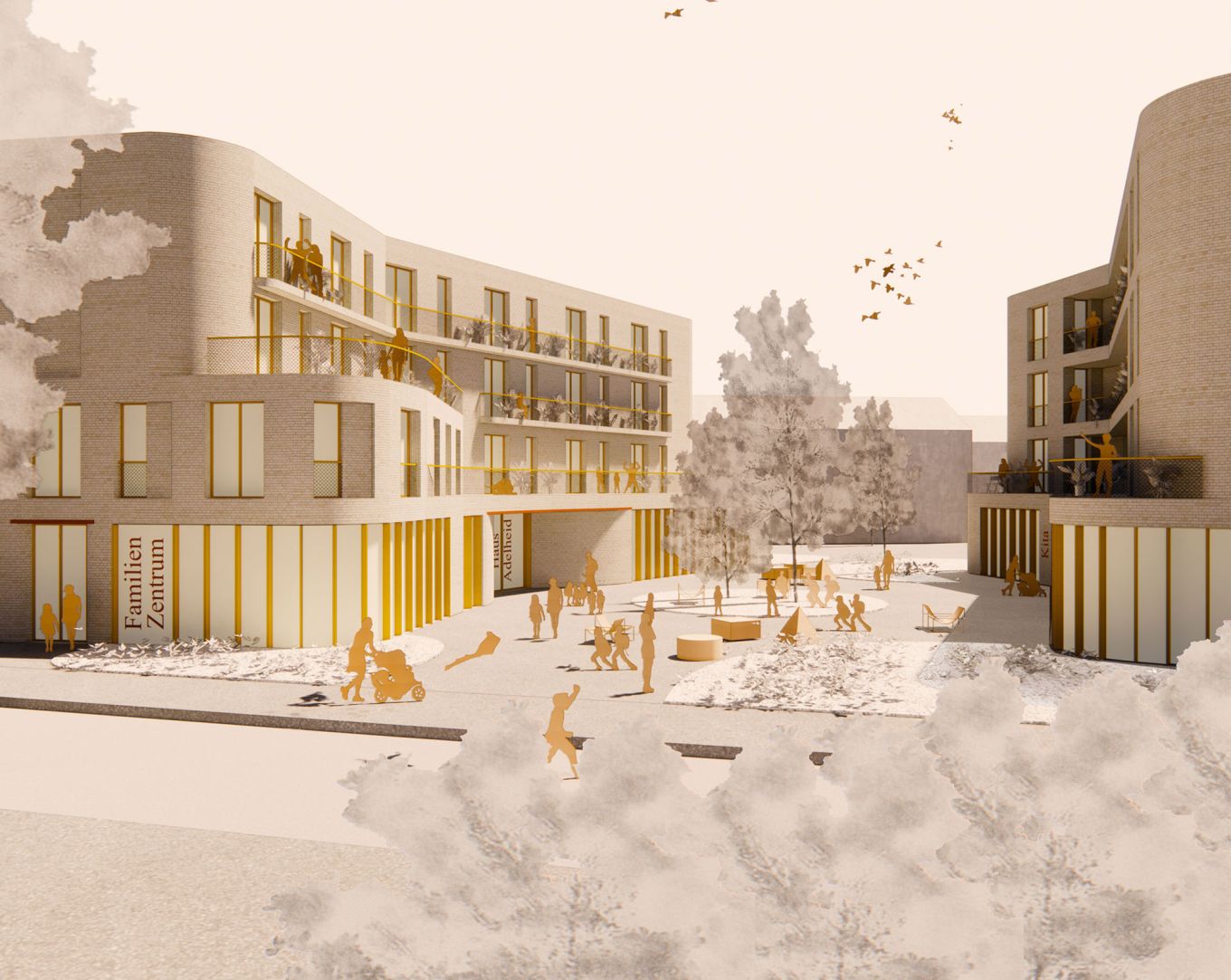 Rendering des Projekts Haus Adelheid. Blick auf zwei Gebäude mit Balkons.